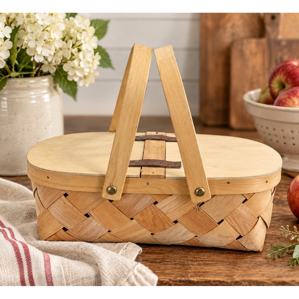 Small Woven Picnic Basket Split Lid Double Handle 12" Primitive Farmhouse Decor